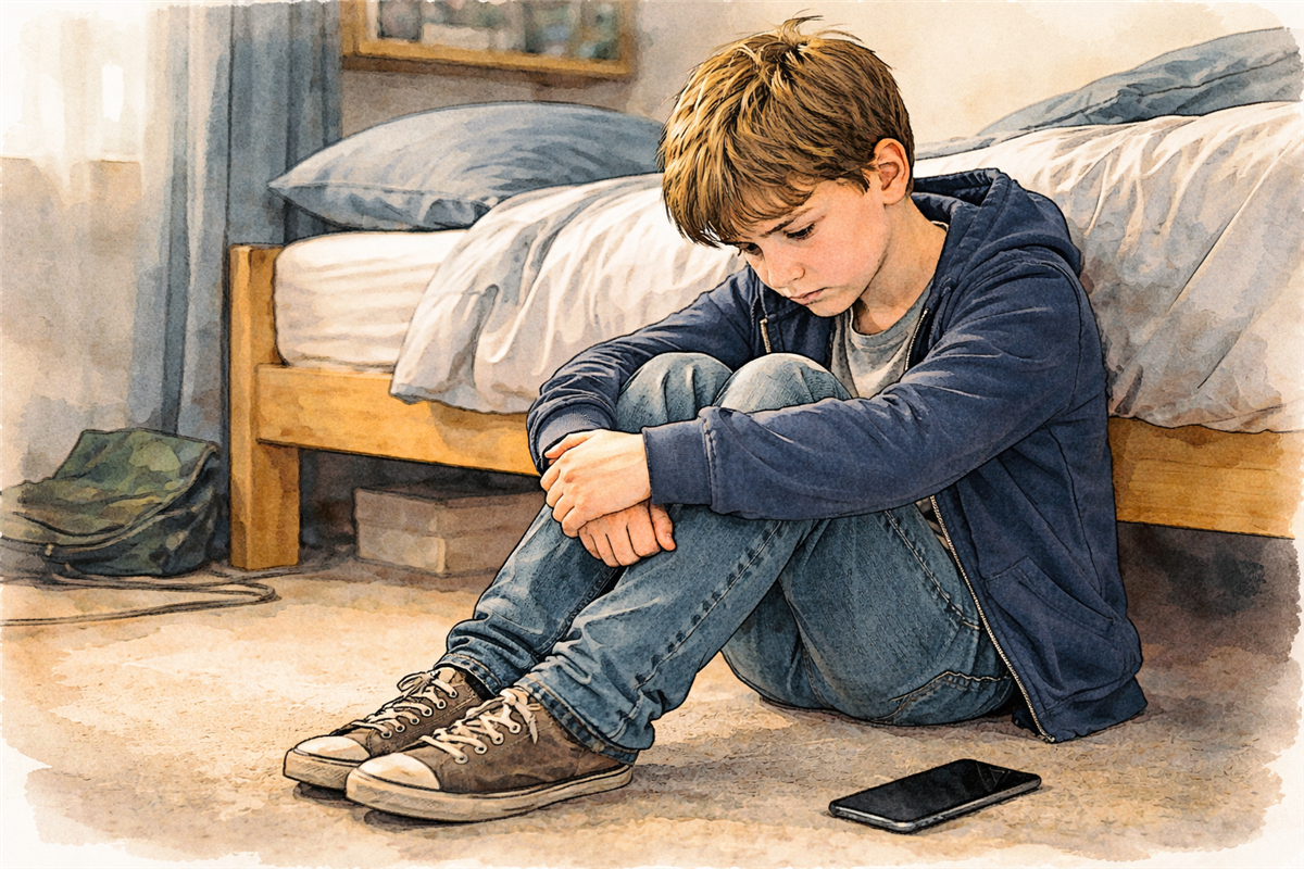 KI-generert bilde av gutt som sitter på gulvet på rommet sitt og ser trist ut. - Klikk for stort bilete