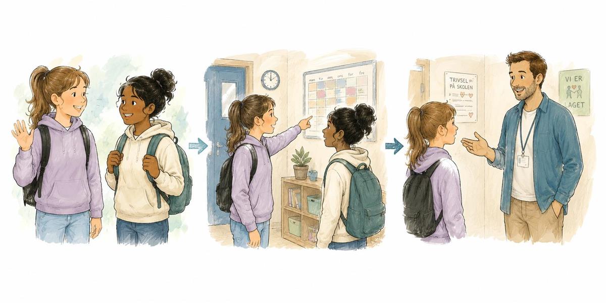 KI-illustrasjon som viser to elever og en lærer i ulike situasjoner på skolen. - Klikk for stort bilete