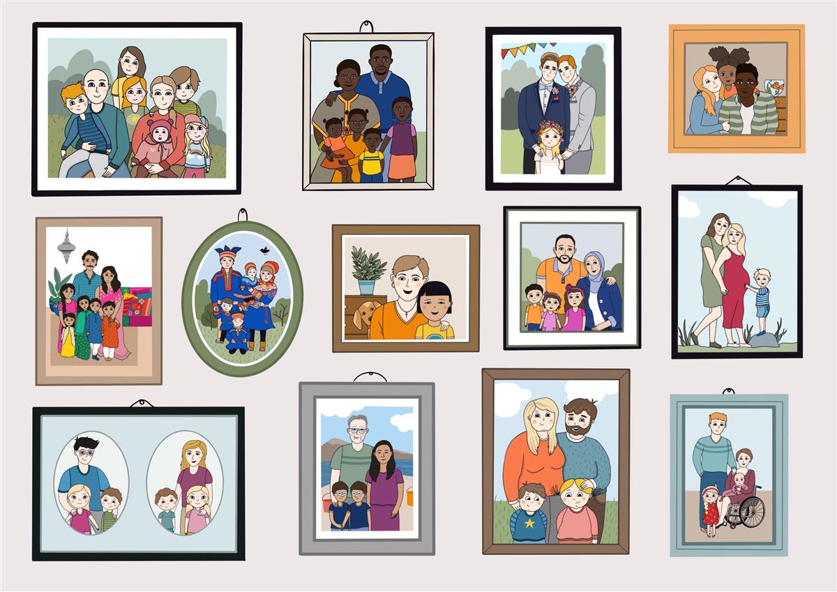 Illustrasjon som viser bildevegg med 13 ulike familiebilder - Klikk for stort bilete