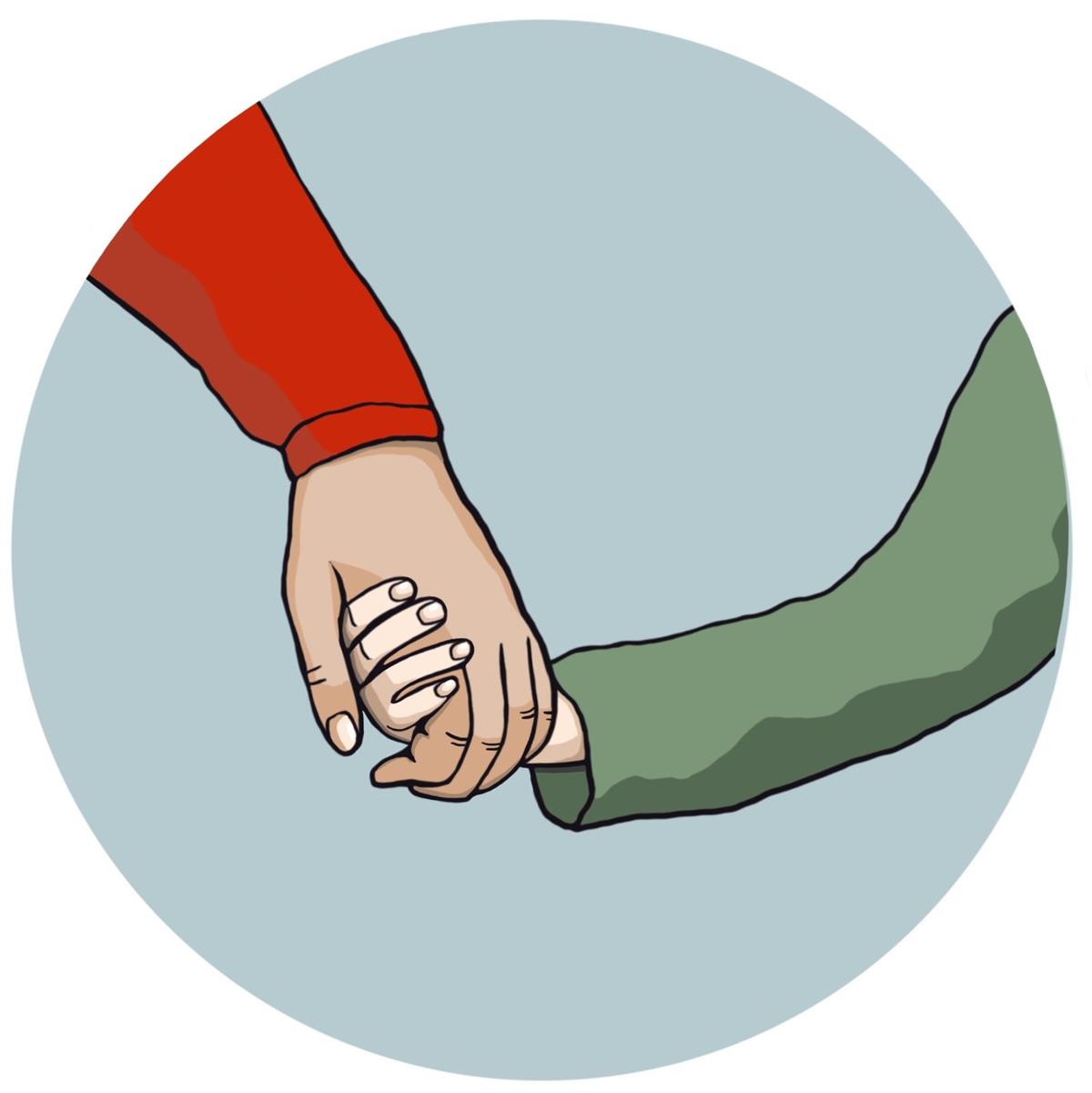 Illustrasjon av vaksen han som held ei barnehand - Klikk for stort bilete