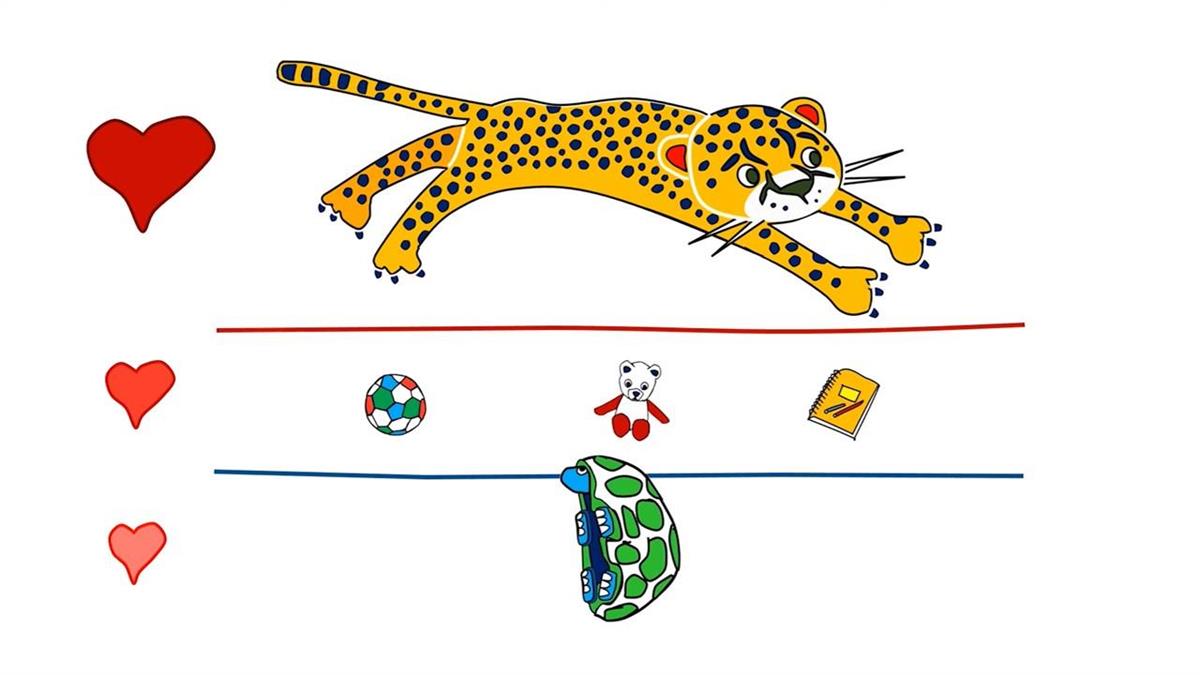 Illustrasjon som viser veldig stor gepard, og figurane i midten er små. - Klikk for stort bilete