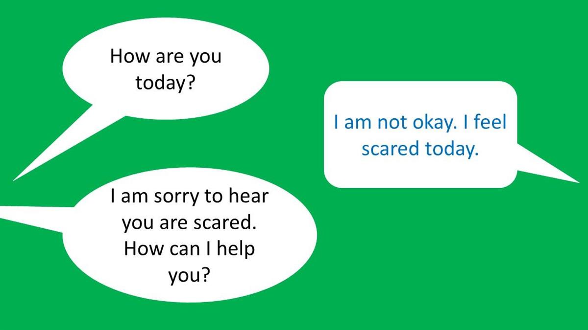 How are you today - I am nok okay. I feel scared today.  - I am sorry to hear you are scared. How can I help you? - Klikk for stort bilete