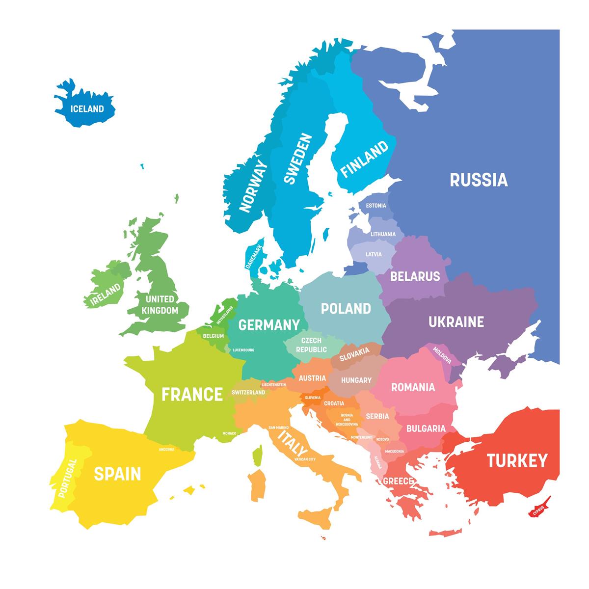 Kart over Europa. Illustrasjon frå Shutterstock - Klikk for stort bilete
