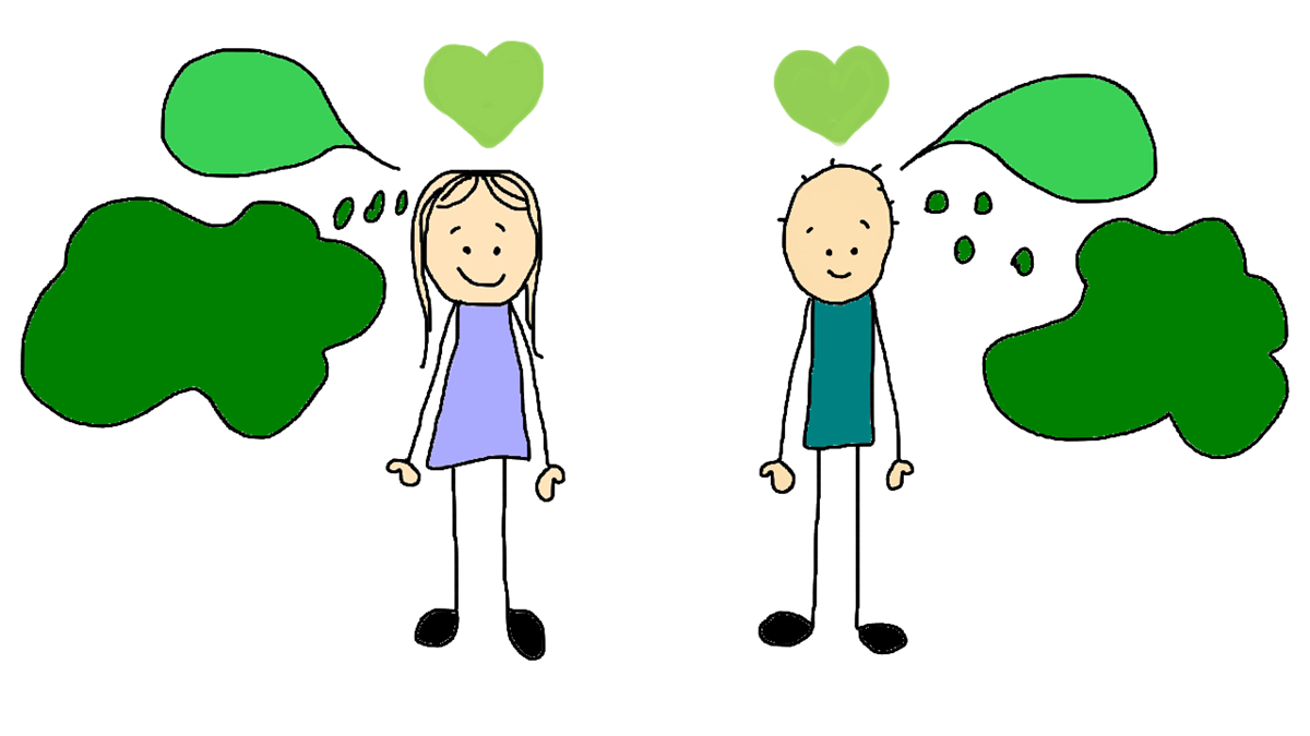 Illustrasjonen viser at jenta og guten har grønne tankebobler, snakkebobler og følelseshjerter - Klikk for stort bilete