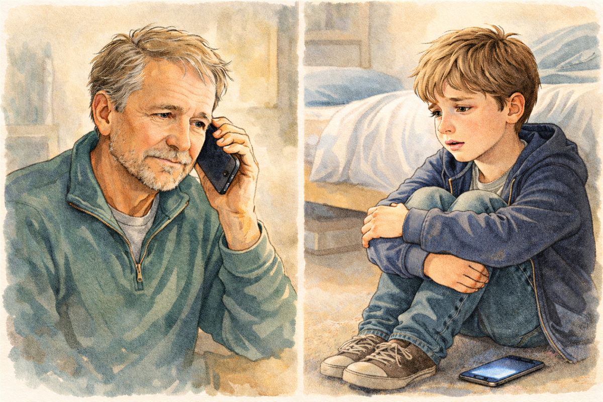 KI-generert bilde av en trist gutt som får hjelp og støtte av en forståelsesfull morfar gjennom telefonen. - Klikk for stort bilete