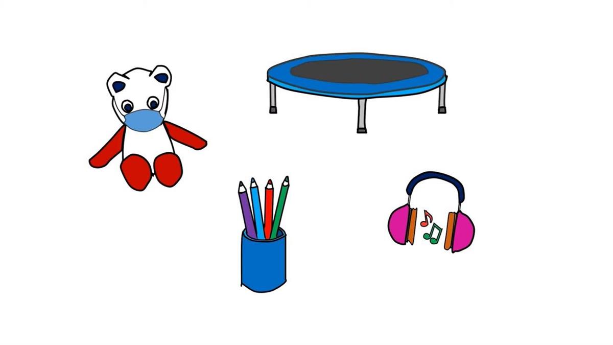 Illustrasjon av bamse med munnbind, trampoline, teikneblyantar og headset med notar. - Klikk for stort bilete