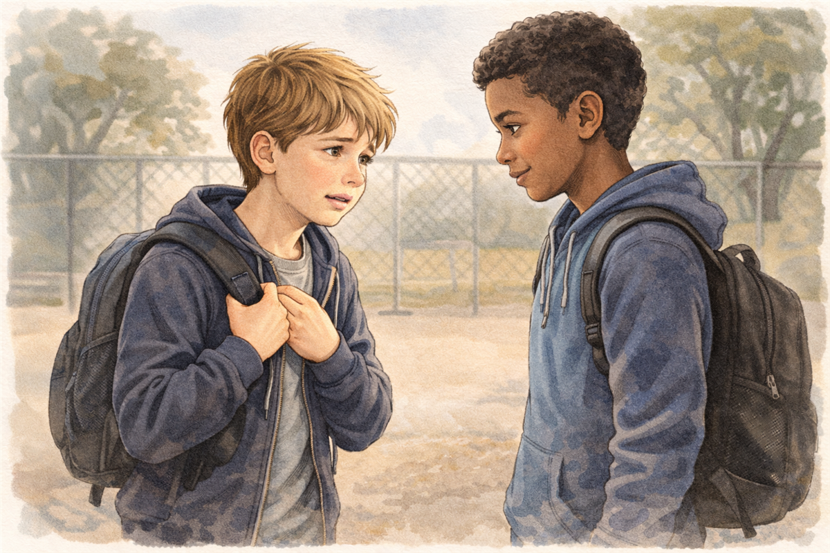 KI-gernert bilde av en gutt som repararerer forholdet til vennen sin etter å ha gjort noe dumt. - Klikk for stort bilete