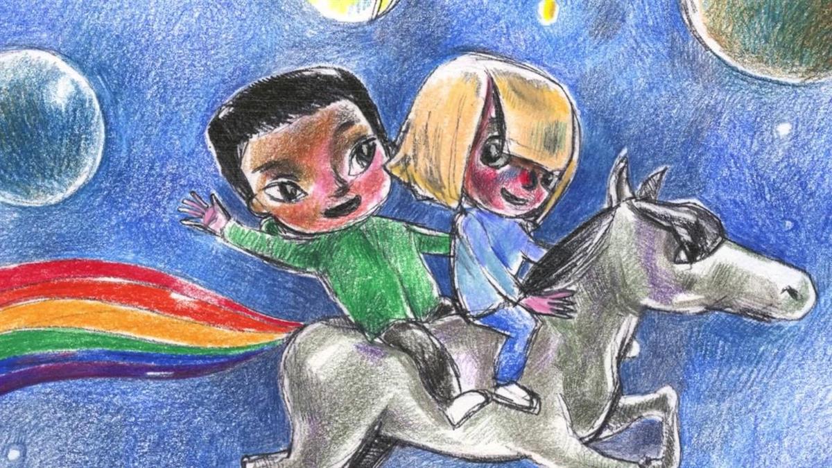 Illustrasjon av gut og jente som rir på ein hest ute i verdsromet. - Klikk for stort bilete