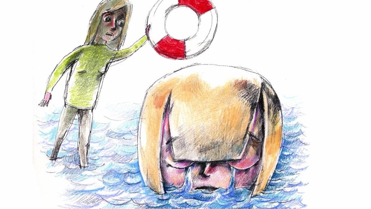 Illustrasjon av jente som "druknar i eigne tårer" . Mora kastar ut ei livbøye til ho. - Klikk for stort bilete