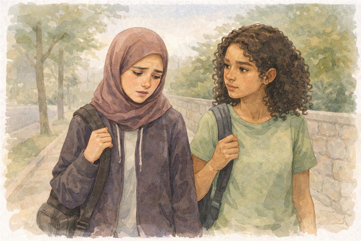 KI-generert bilde av to jenter som går sammen hjem fra skolen. De ser alvorlige ut. - Klikk for stort bilete