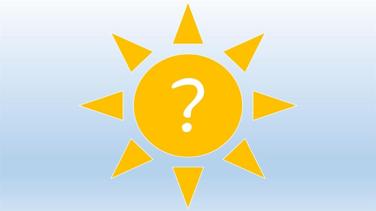 Illustrasjon av ei gul sol på blå bakgrunn, inni sola er eit stort kvitt spørsmålsteikn. - Klikk for stort bilete