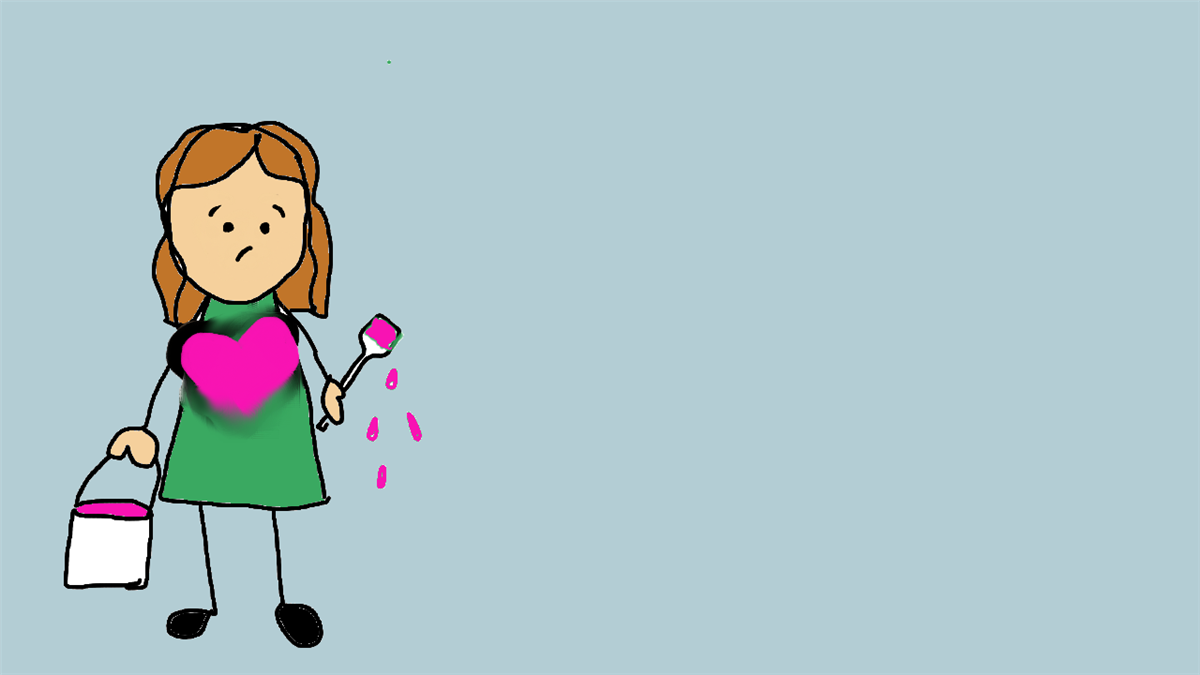 Illustrasjon som viser ei jente som forsøker å male over svarte følelsar med rosa følelsar. - Klikk for stort bilete
