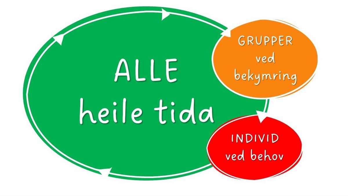 Illustrasjon som viser grønn sirkel med tekst Alle heile tida, oransje sirkel med tekst Grupper ved bekymring, og raud sirkel med teksta Individ ved behov. - Klikk for stort bilete