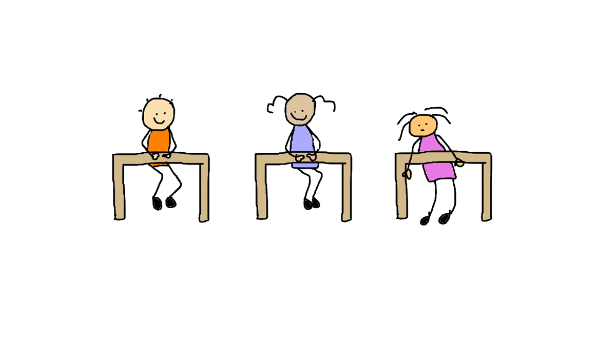 Illustrasjon av tre elevar som sit ved pulten. To av dei sit fint, den tredje held på å skli ned. - Klikk for stort bilete