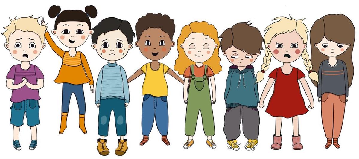 Illustrasjon av 8 barn med ulike følelsar - Klikk for stort bilete