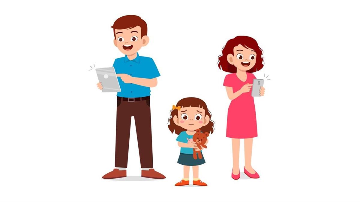 Illustrasjon som viser ei jente med ein bamse som står mellom mor og far som begge er opptatt av telefon og nettbrett. Jenta har det ikkje bra. - Klikk for stort bilete
