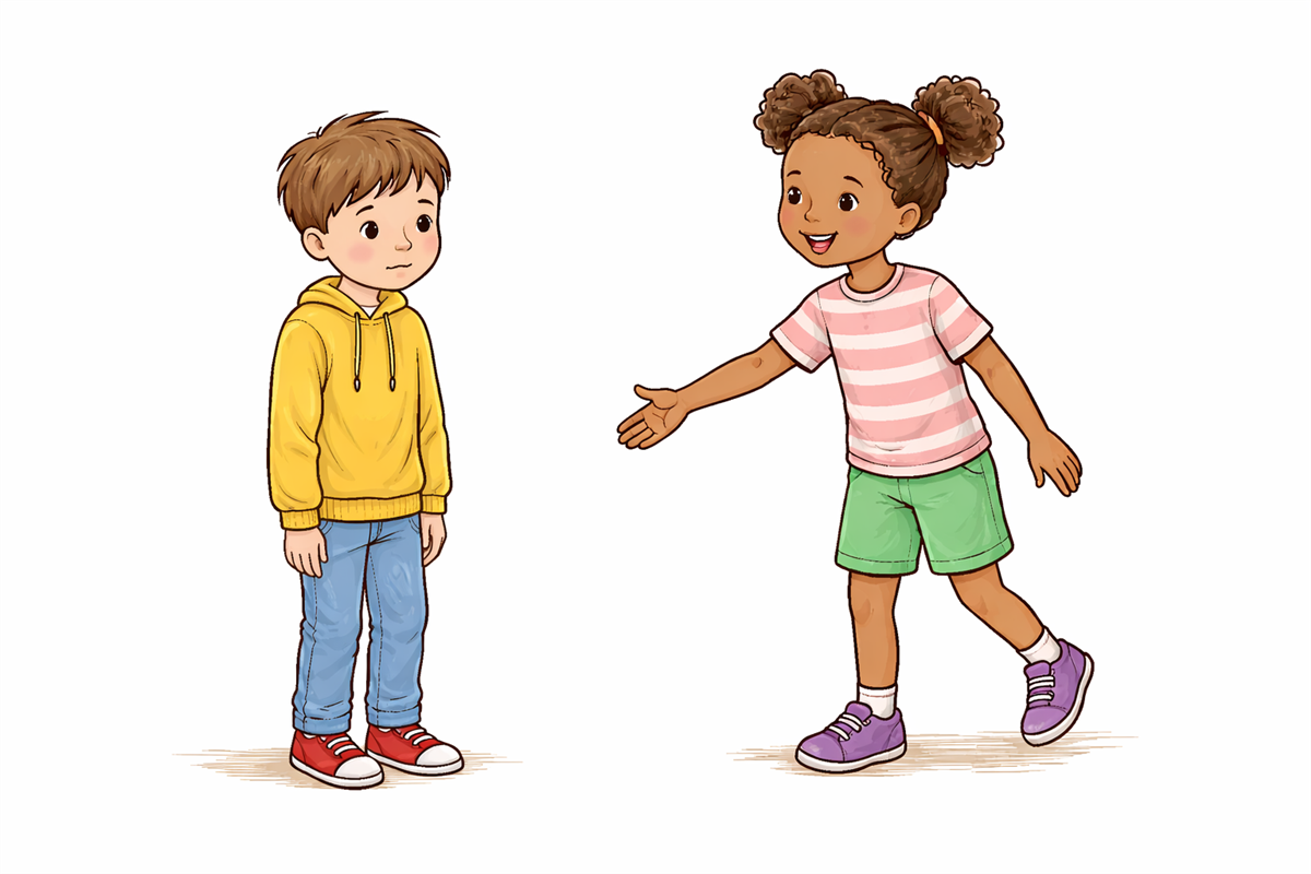 KI-generert bilde av en ensom gutt som blir invitert inn i leik av snill jente - Klikk for stort bilete