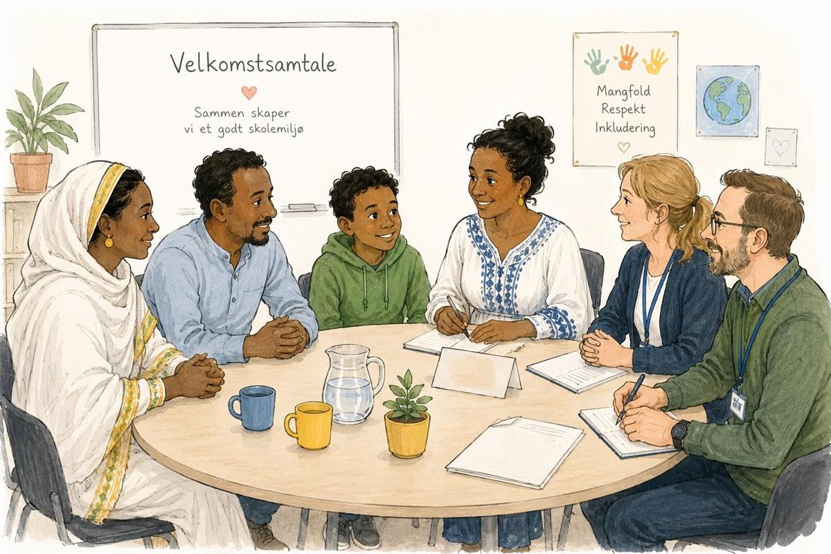 KI-generert illustrasjon av velkomstsamtale med foreldre, elev, tolk, lærer og rektor rundt et bord. - Klikk for stort bilete