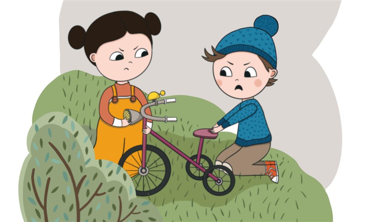 To barn som krangler om ein sykkel - Klikk for stort bilete
