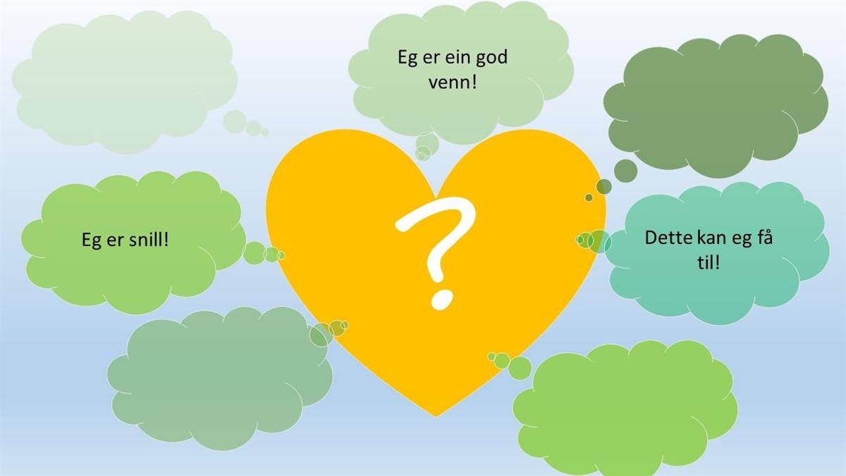 Illustrasjon av gult hjerte med spørsmålsteikn inni. Rundt er det grønne tankebobler. I nokon av desse står det: Eg er ein god venn! Eg er snill! Dette kan eg få til! - Klikk for stort bilete