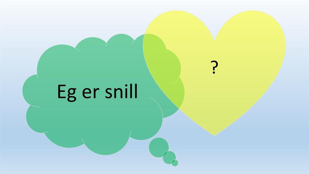 Illustrasjon av grønn tankeboble der det står "Eg er snill" og gult hjerte der det står "?". - Klikk for stort bilete