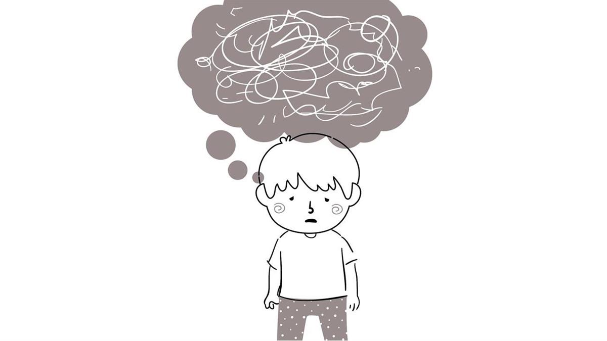 Illustrasjon av trist gut med mørke tankar - Klikk for stort bilde