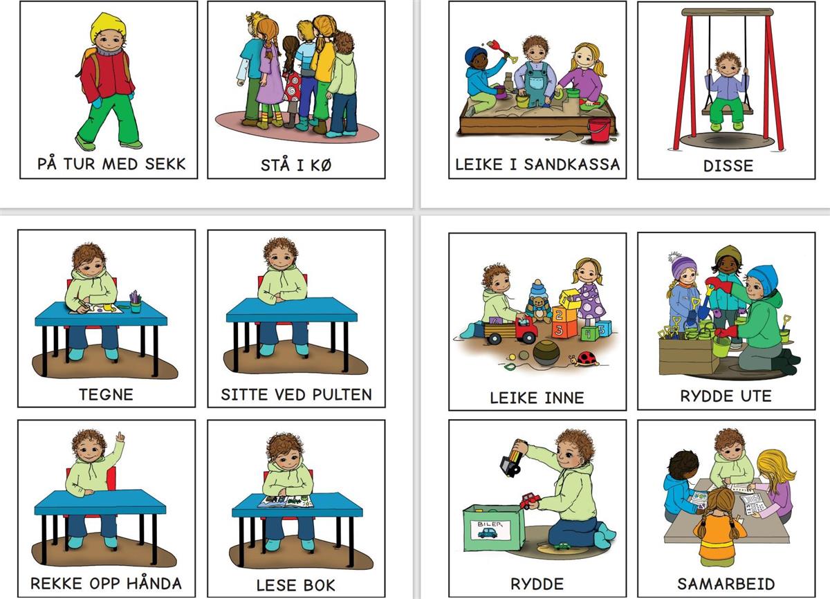 Bilde som viser ulike bildekort som kan brukes i barnehage, skole eller SFO - Klikk for stort bilete