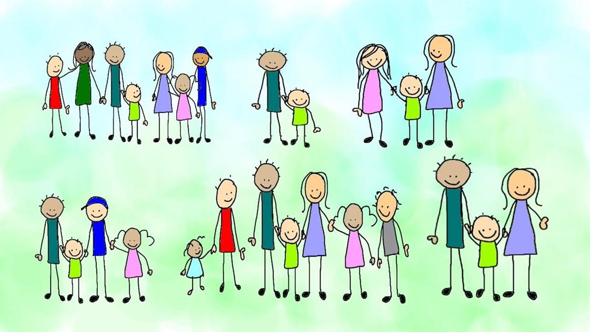 Illustrasjon av mange ulike familiesamansetnadar. - Klikk for stort bilete