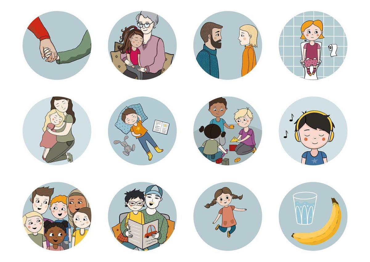 Bilde viser 12 ulike ikon for kva som kan hjelpe følelsar. Desse er forklart i instruksjonsark til lærar som ligg i FAQ Til læraren - Klikk for stort bilete