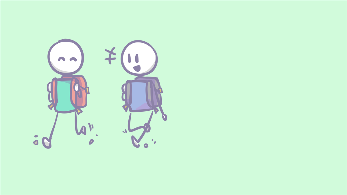 Illustrasjon som viser to elevar som går saman til eller frå skolen. - Klikk for stort bilete