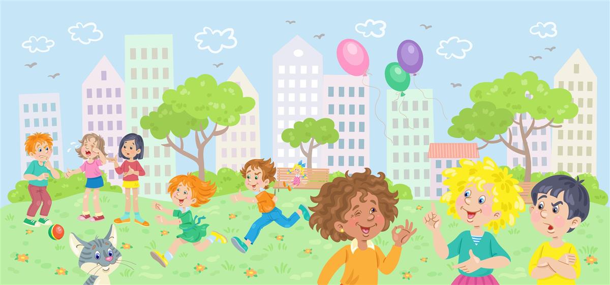 Illustrasjon av mange ulike barn som leikar i grupper utandørs. (Frå Shutterstock). - Klikk for stort bilete