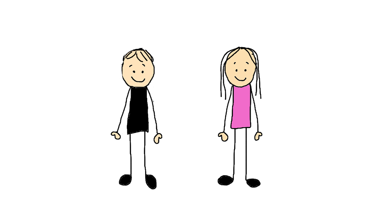 Illustrasjon av jente med kort hår og svart genser, og gut med langt hår og rosa genser. - Klikk for stort bilete