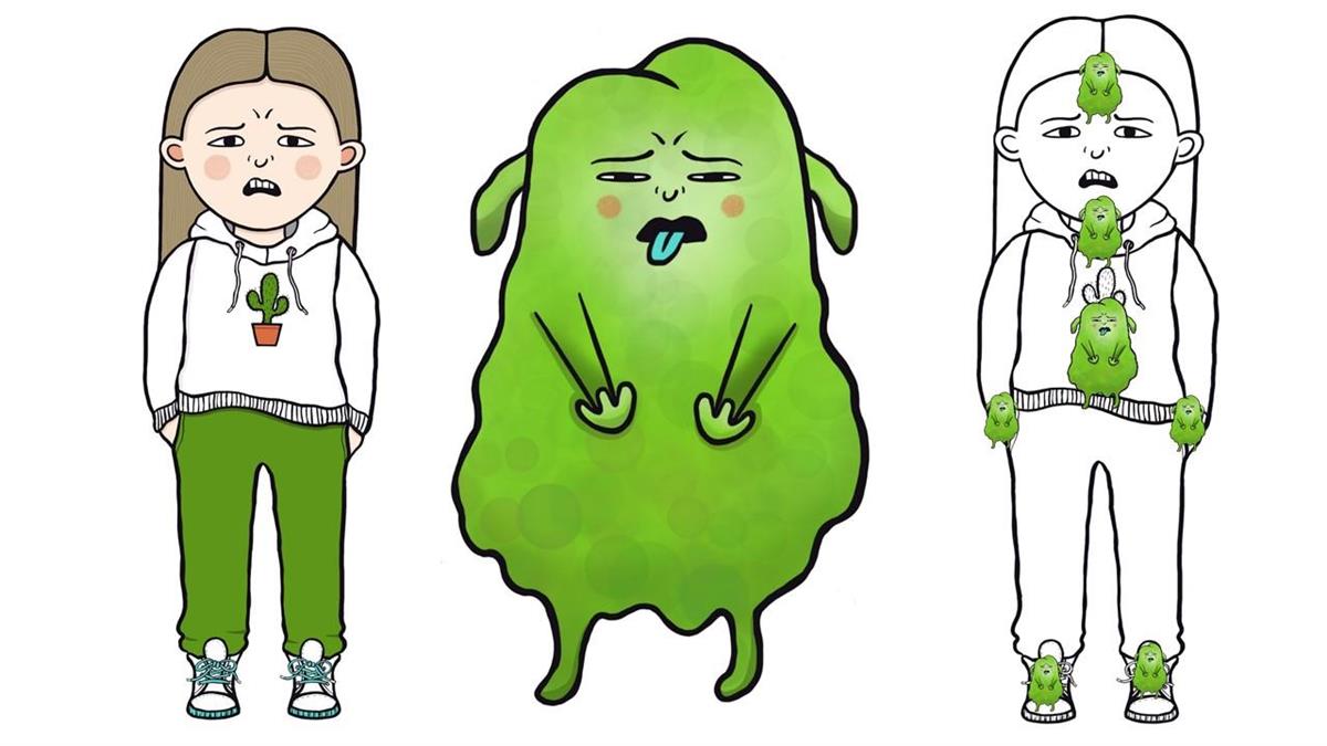 Illustrasjon av jente som viser avsky, ein grønn figur som representerer følelsen avsky, og jenta som viser avsky med små avskyfigurar plassert rundt i kroppen. - Klikk for stort bilete