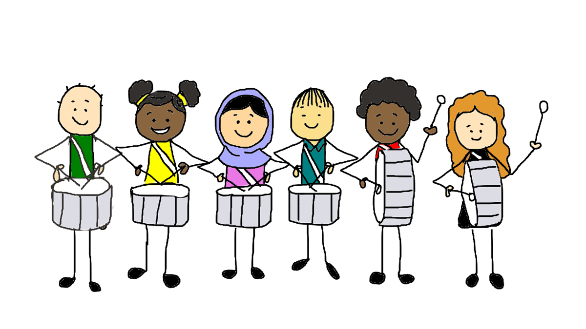 Illustrasjon som viser at sjølv om barna er ulike så likar alle å spele trommer - Klikk for stort bilete