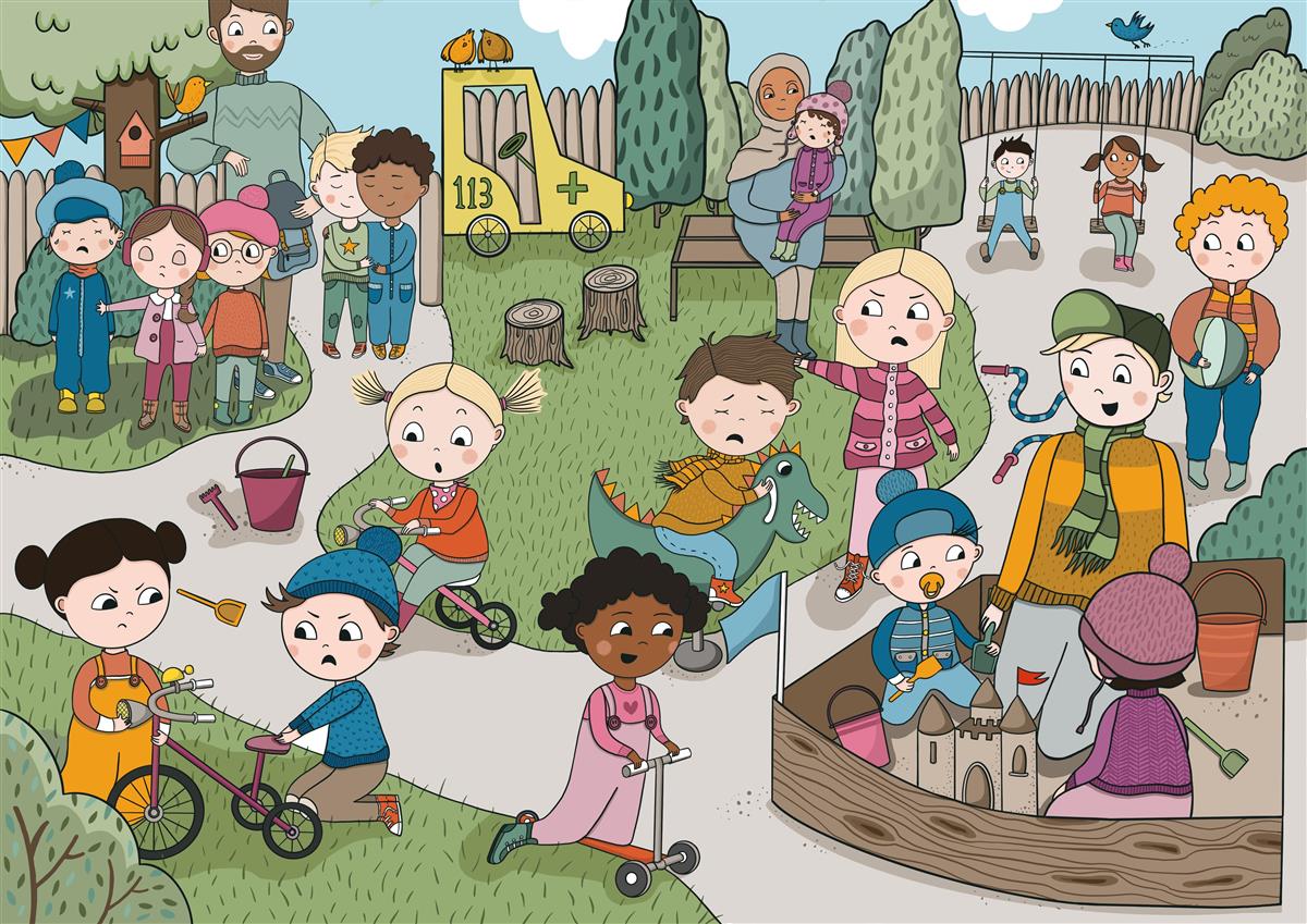 Illustrasjon av mange barn i leik ute i barnehagen - Klikk for stort bilete