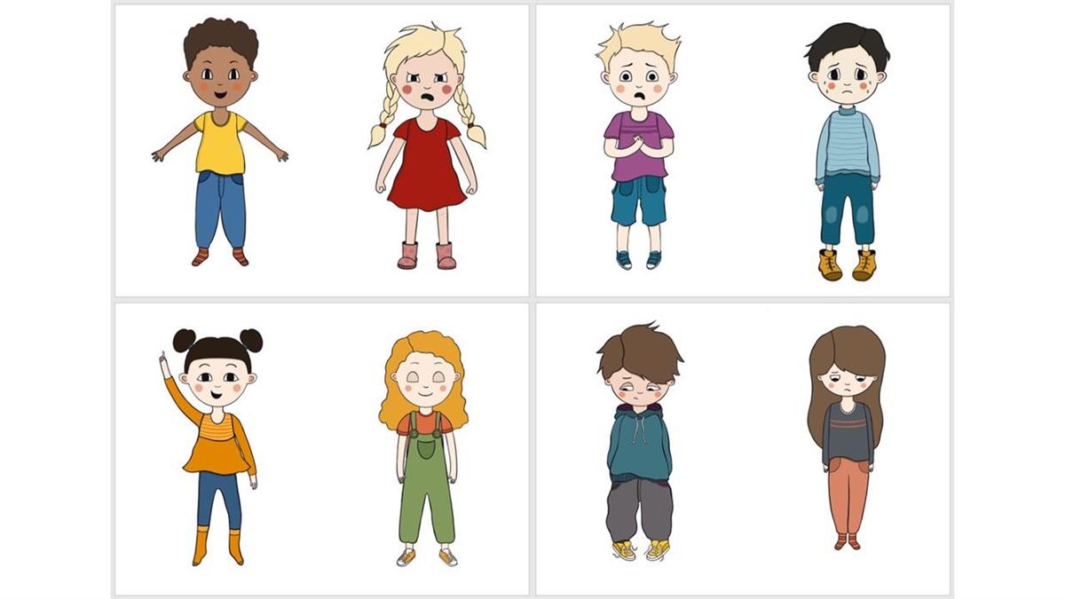 Illustrasjon av dei 8 barna med ulike følelser - Klikk for stort bilete