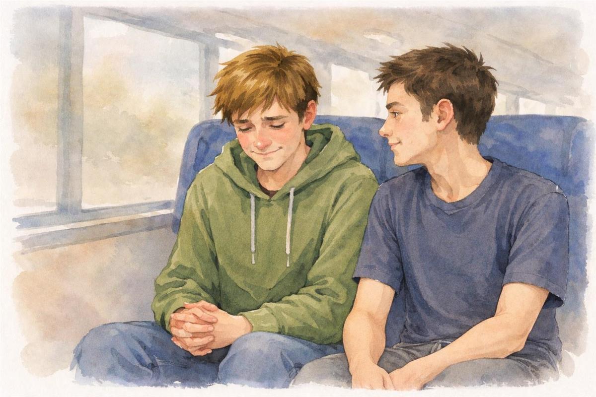 KI-generert illustrasjon av to gutter som prater med hverandre på bussen - Klikk for stort bilete