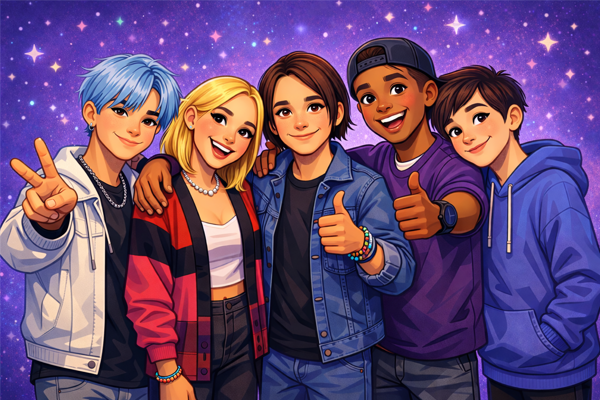 KI-generert illustrasjon av fem ungdommer som smiler mot kamera - Klikk for stort bilete