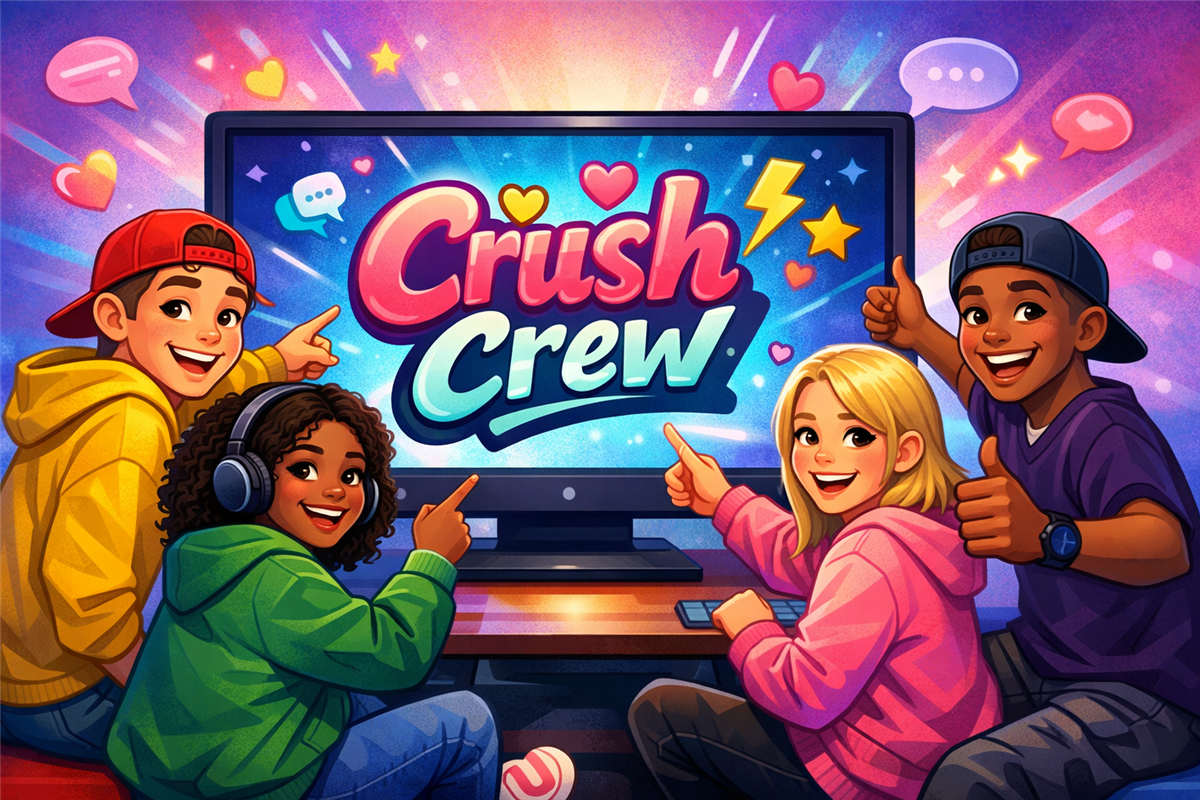 KI-generert illustrasjon av fire ungdommer foran en skjerm der det står crush crew. - Klikk for stort bilete