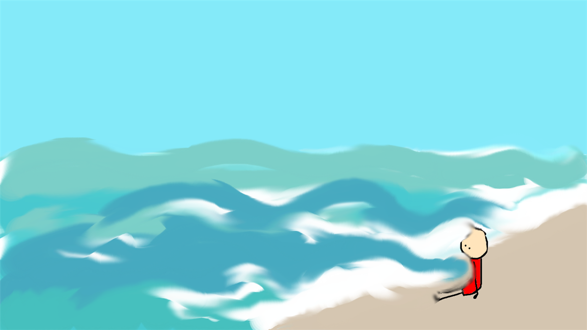 Illustrasjon av ein gut som sit i strandkanten og ei bølgje er i ferd med å skylle over han. - Klikk for stort bilete