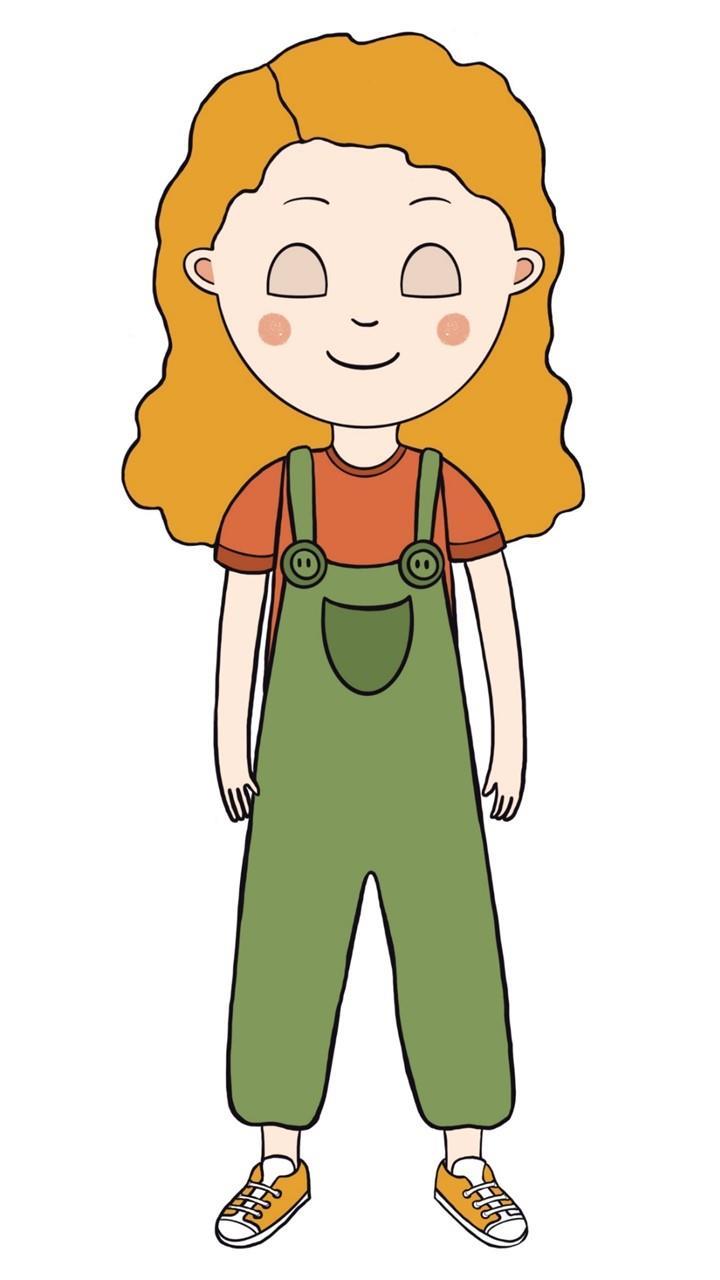 Illustrasjon av ei jente som kjenner ro. Ho har raudt hår, lukka auge,  bukse i same farge som følelsen ro - grønn. - Klikk for stort bilete