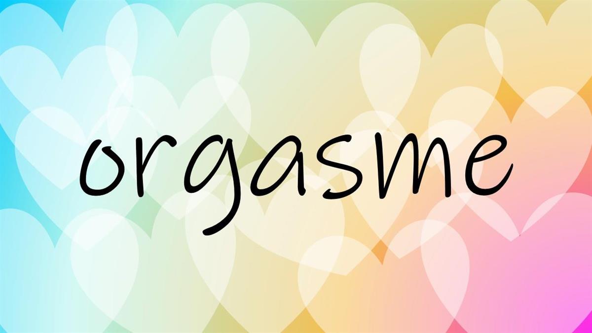 Tekst: Orgasme. Fargerik bakgrunn med mange hjerter - Klikk for stort bilete
